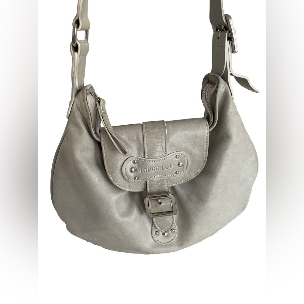Longchamp Gray Idole VintageY2K Hobo Satchel Should Bag with Buckle Logo Leather